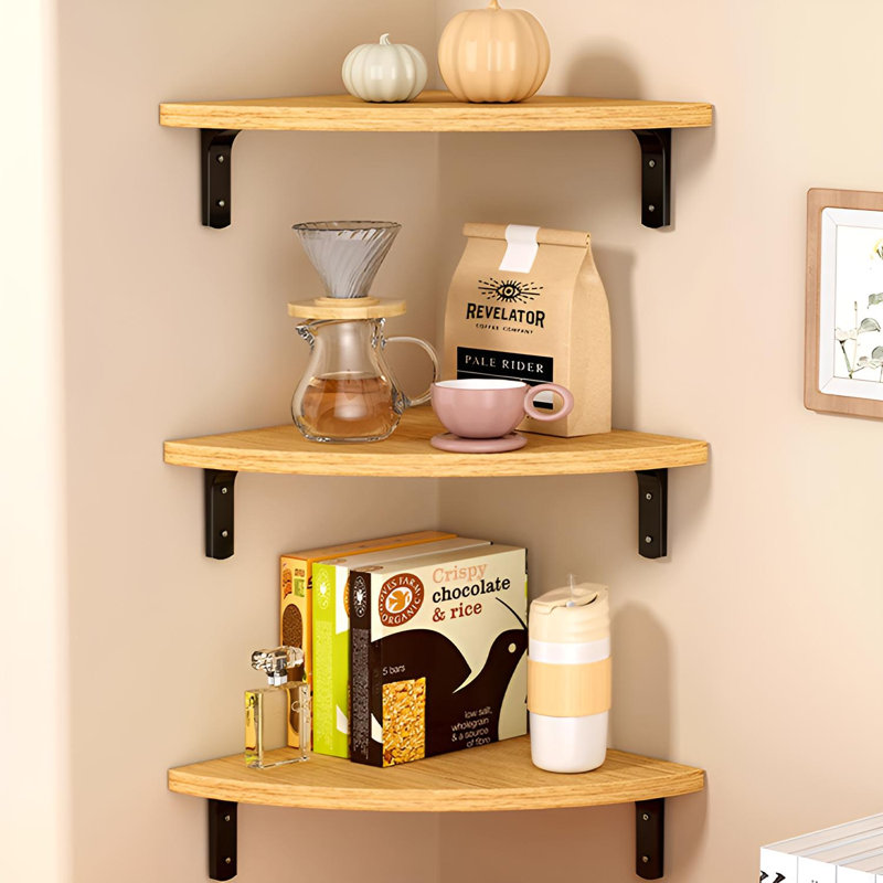 Corner Wall Shelf - Solid Wood Fan-Shaped Storage & Display, 5.9" H x 13.77" W x 13.77" D