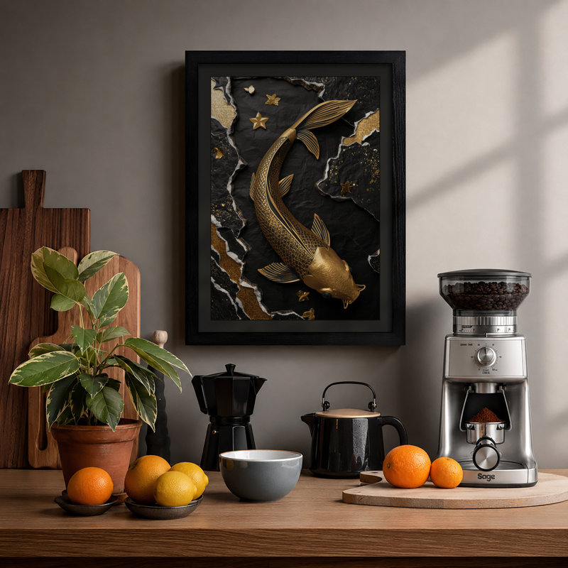 Golden Fish Among Stars Minimalist - Framed Print, A2 - 59.4 x 42.0 cm, Black