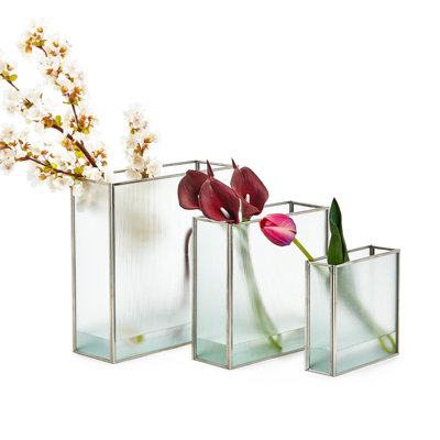Frosted Windows Set of 3 Square Glass Vases Silver Trim – 10" H
