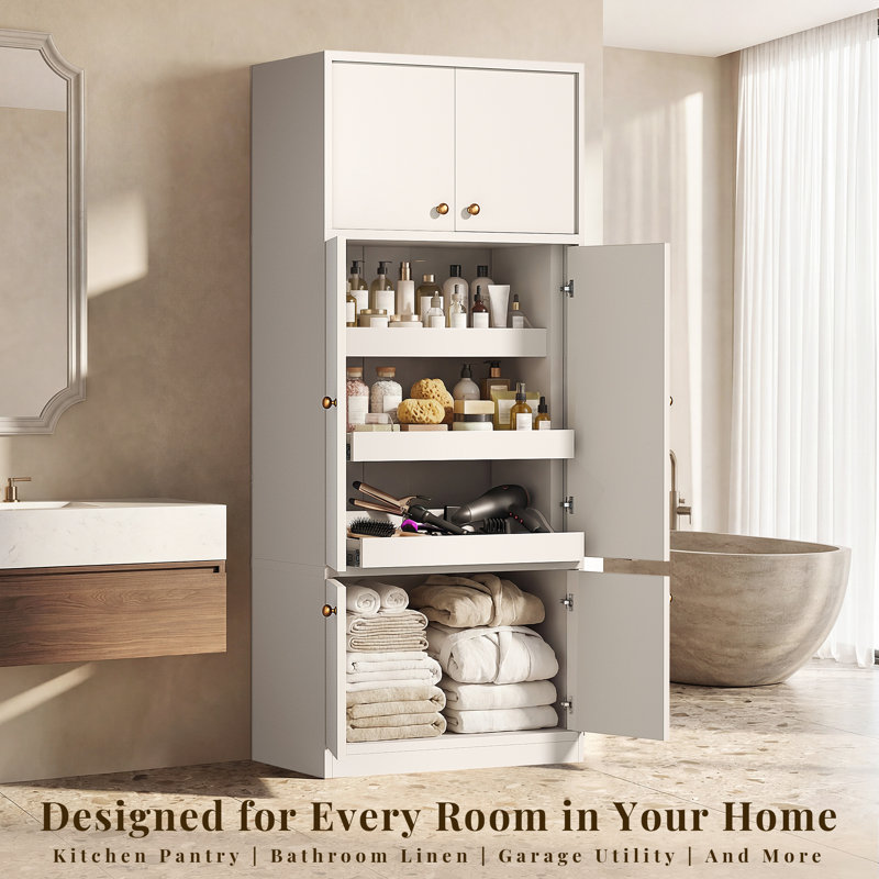71" Tall Extra Deep Kitchen Storage Cabinet with 2 Double Door Cabinets, 3-Tier Drawers & Anti-Tip Safety, Walnut Finish