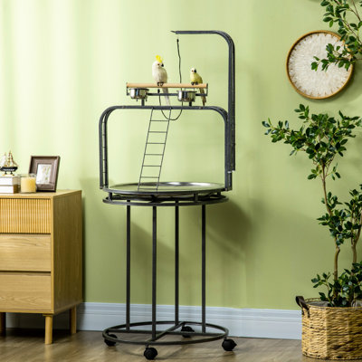 Gray Parrot Perch Stand Featuring 3 Ladders & Hook. Construction For Birds. Easy To Clean Tray. Wheels Convenient Movement. Suitable Parrots, , Etc. 2