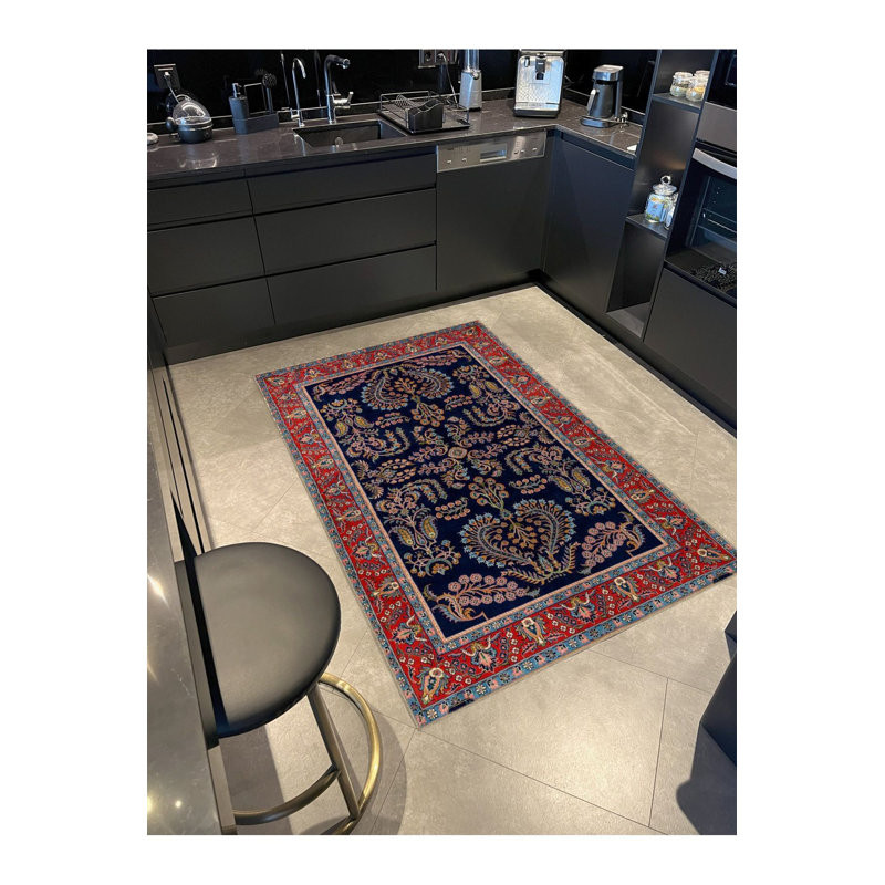 Tapis décoratif bleu marine à motif floral, Sous-tapis carré 3 pi 3 po inclus