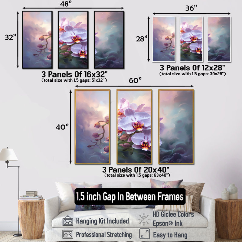 Orchidées énigmatiques de fleurs - ensemble de salon orchidées murales, Cadre flottant doré, H 40 po x l 60 po x P 1 po