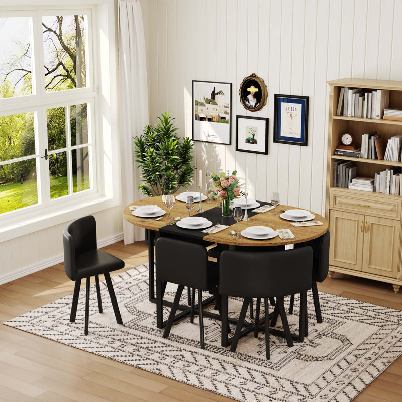 Ensemble de table de salle à manger 7 pièces ovale, grain de bois fixe et plateau en triamine noire avec 6 chaises en cuir de polyuréthane pour petits espaces, appartement, salle à manger