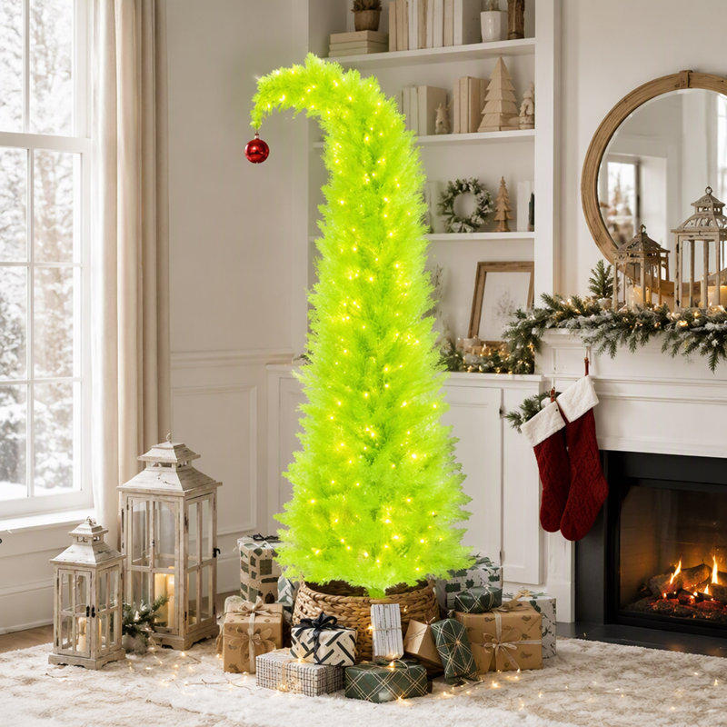 Arbre de Noël fantaisiste 84 po, arbre de Noël au crayon avec boule rouge, base en métal, pré-éclairé avec 250 lumières DEL