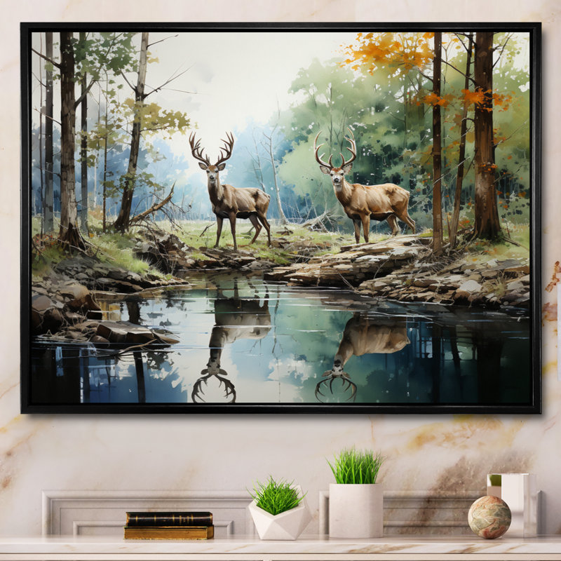 «Deer Majestic Reflections - Deer», reproduction d'art sur toile encadrée, Cadre flottant noir, H 12 po x l 20 po x P 1 po