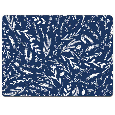 Meadow Sketch Floral Navy Decorative Hardboard Placemats with Protective Cork Backing 4 Pack