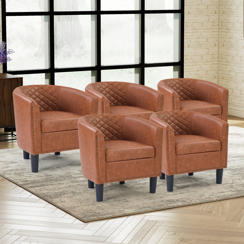 25.2" W Vintage Faux Leather Barrel Chair With Tufted Back And Nailhead Trim, 5