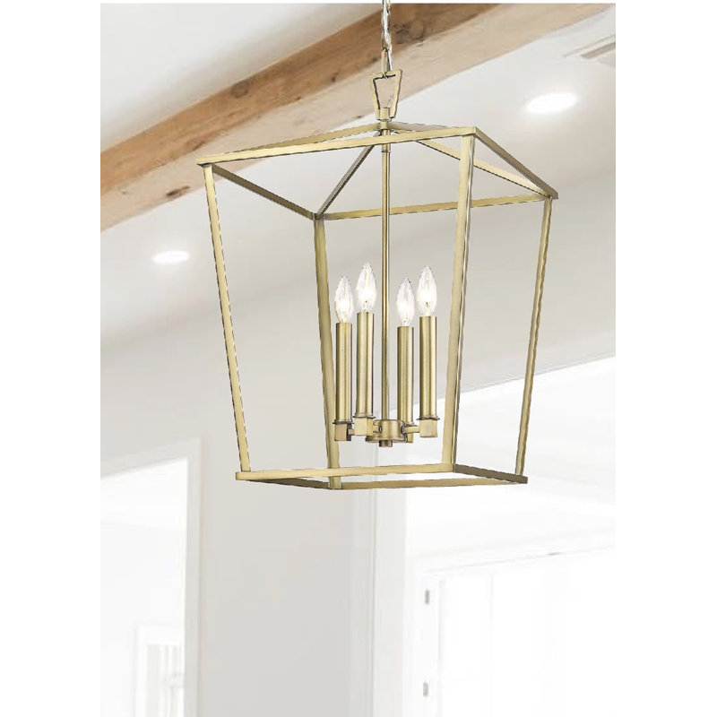 Lustre lanterne géométrique ouvert 4 lumières, Laiton vieilli