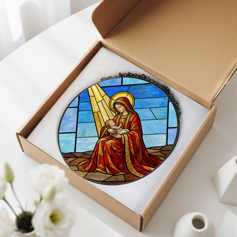 Panneau de vitrail en verre teint 7,8 "H vierge et enfant, H 7,8 po x l 7,8 po