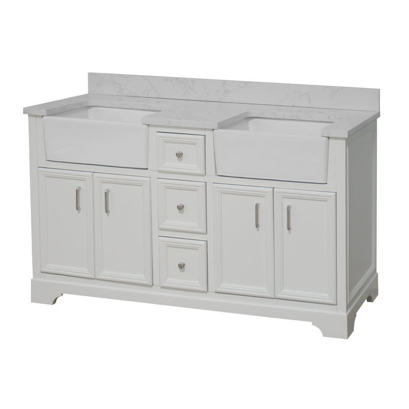 Ensemble de meuble-lavabo double 60 po Emiliano, Blanc, Carrare d'ingénierie