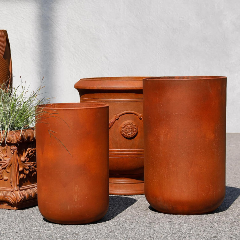 19.5" & 23.5" H. Large Heavy Duty Cylindrical Cement Planter Box Set of 2 with Drainage Hole Rust Colour