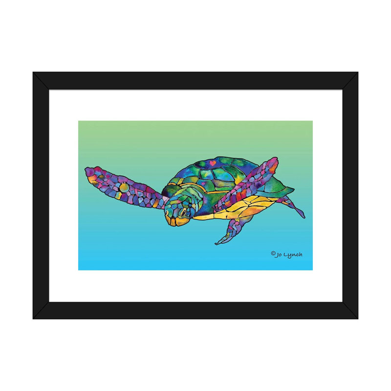 «Sea Turtle Celebration» par Jo Lynch - reproduction d'art, H 16 po x l 24 po x P 1 po, Papier encadré noir, Blanc
