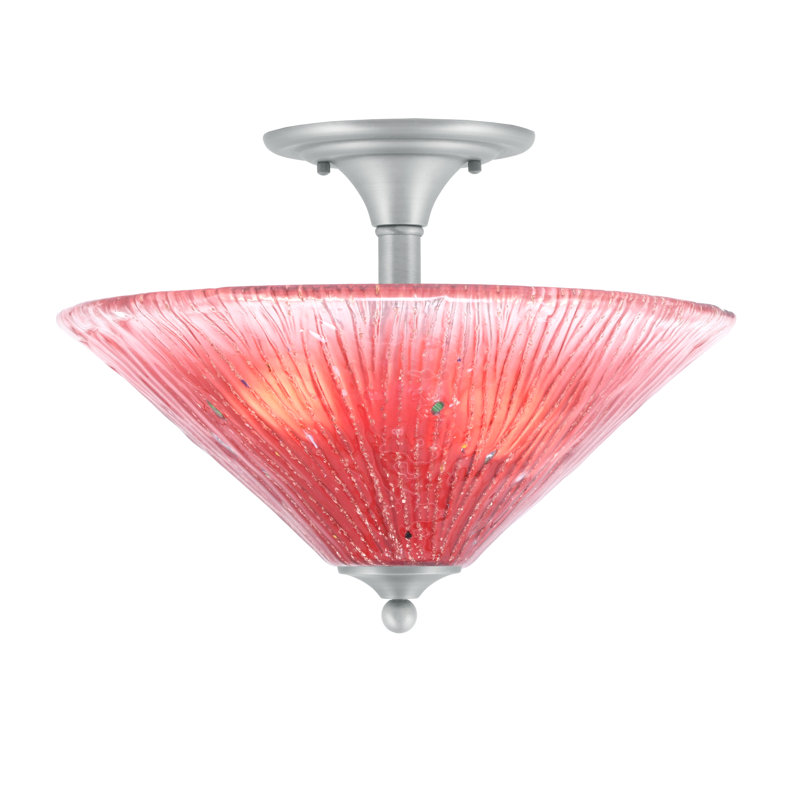 Plafonnier semi-encastré, 2 ampoules, fini nickel brossé, verre cristal framboise 40,6 cm, Gris, Rouge