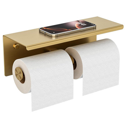Brushed Gold Double Toilet Paper Holder With Storage Shelf