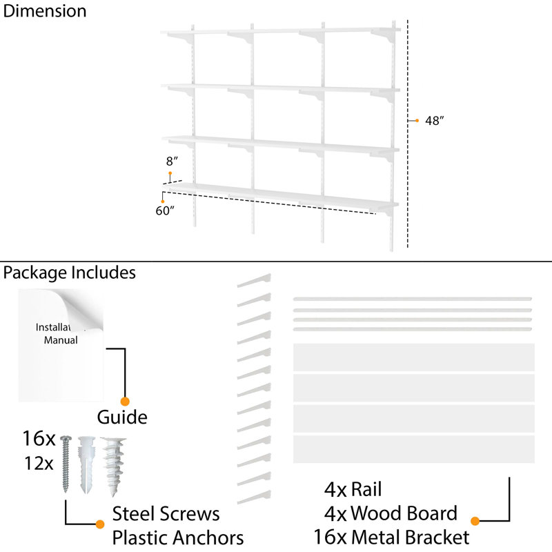 Adjustable Wall Shelf with 60'' x 8'' Engineered Wood Board, Tiered Shelf, 4-Tier, White