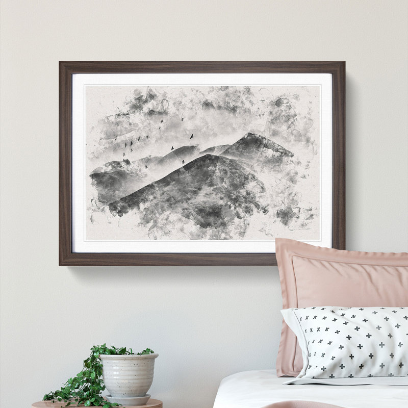 Birds Flying over the Lake District Watercolour - Picture Frame Graphic Art Print, 45cm H x 63cm W x 2cm D, Walnut Framed