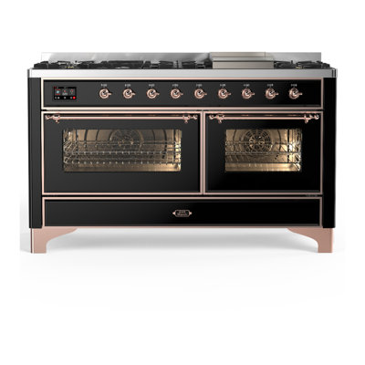 Majestic III Series 60 Inch Dual Fuel Range with 7 Sealed Burners, Griddle, in Glossy Black (Natural Gas, Copper Trim)