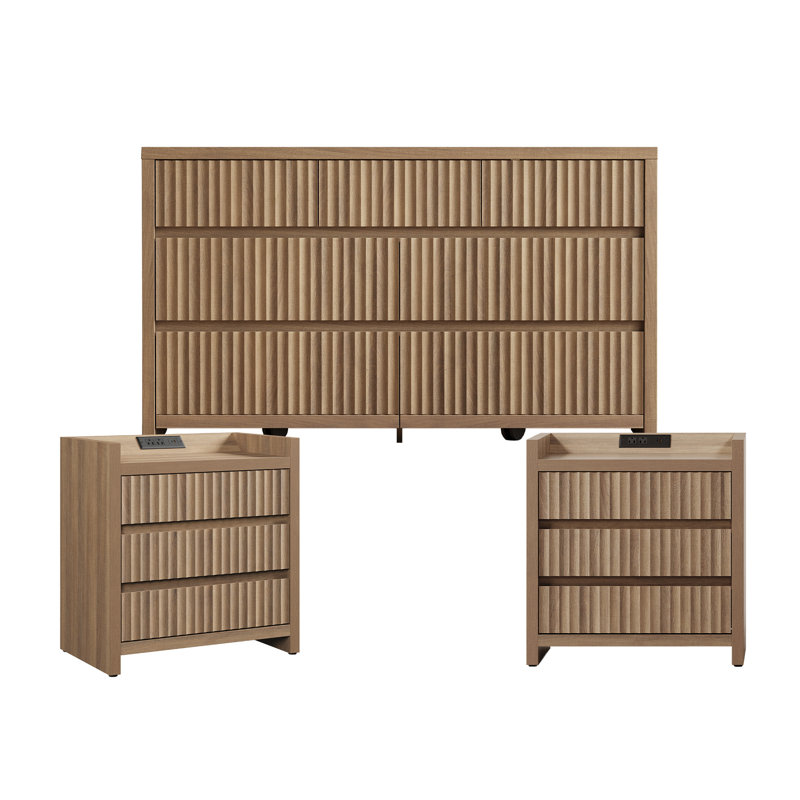 Commode moderne à 7 tiroirs cannelés avec ensemble de table de chevet 2 pièces, ensemble de rangement pour chambre à coucher avec station de charge et tiroirs spacieux