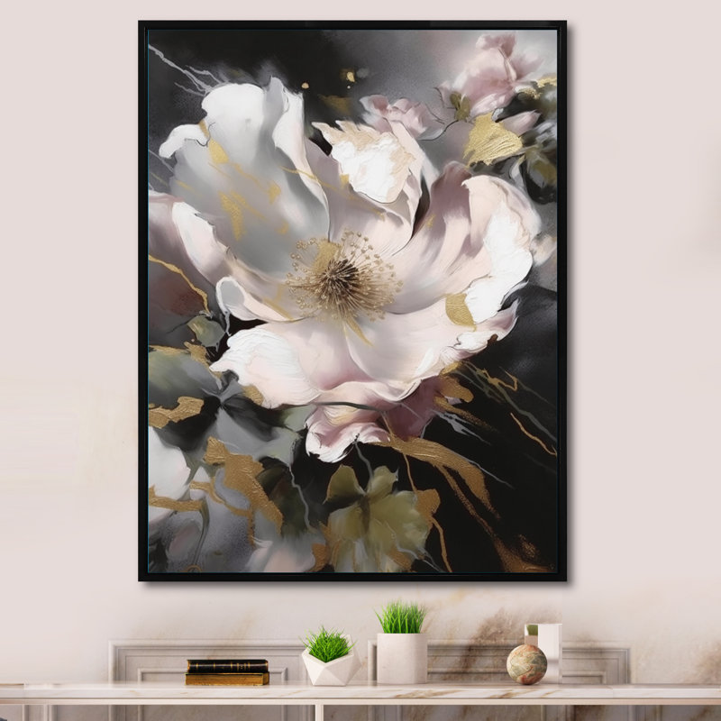 Marguerite blanche et dorée Symphony I - impression, H 20 po x l 12 po x P 1 po, Cadre flottant noir