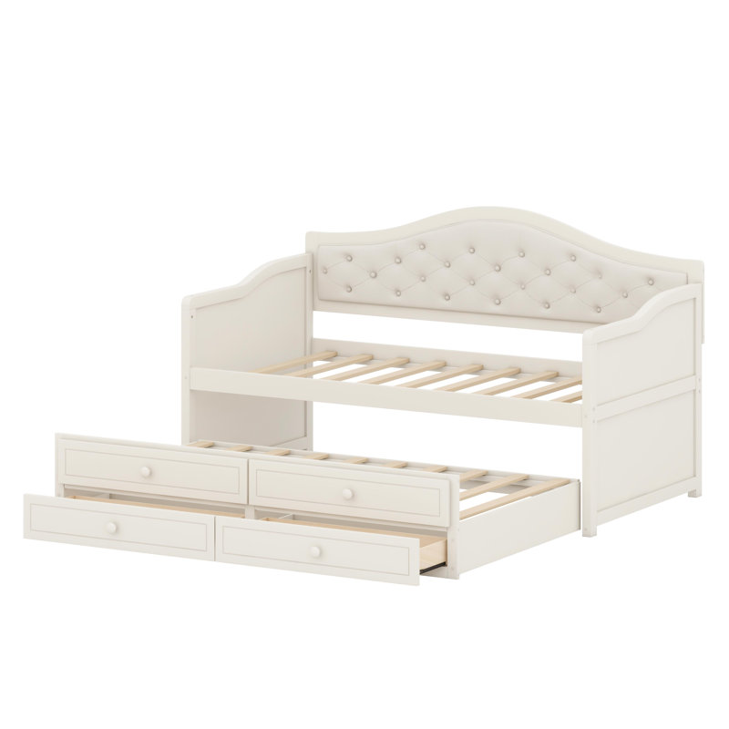 Versatile Sofa Bed Featuring Tufted Backrest, Trundle, and Built-In Storage, Beige