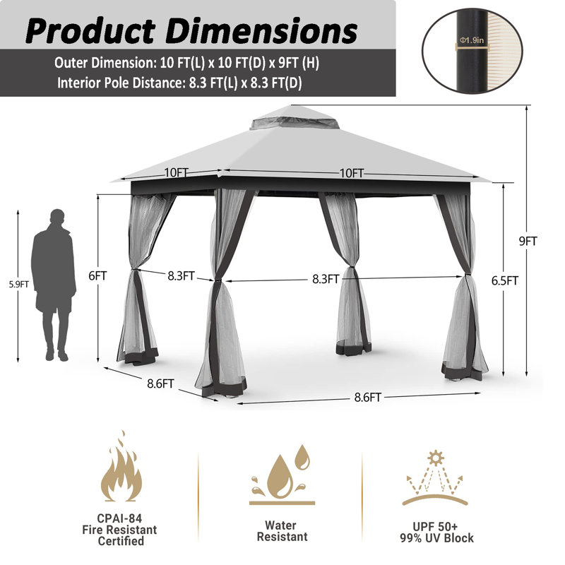 10 Ft. W X 10Ft. D Steel Patio Gazebo With Netting (Quick  Setup), Gray