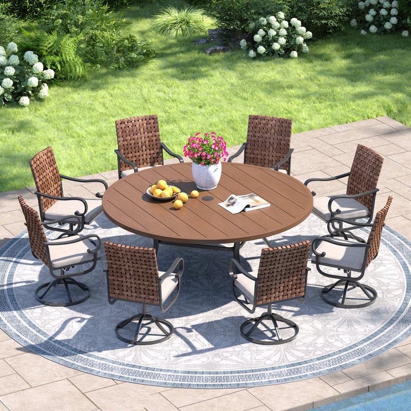 8-person Patio Dining Set with 60" Round Dining Table and 8 Cushioned Swivel PE Rattan Chairs, Brush Wood Brown