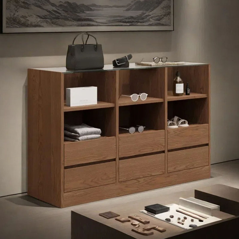 Brown Wood Display Case with Tempered Glass Top, Open Storage, and Six Drawers