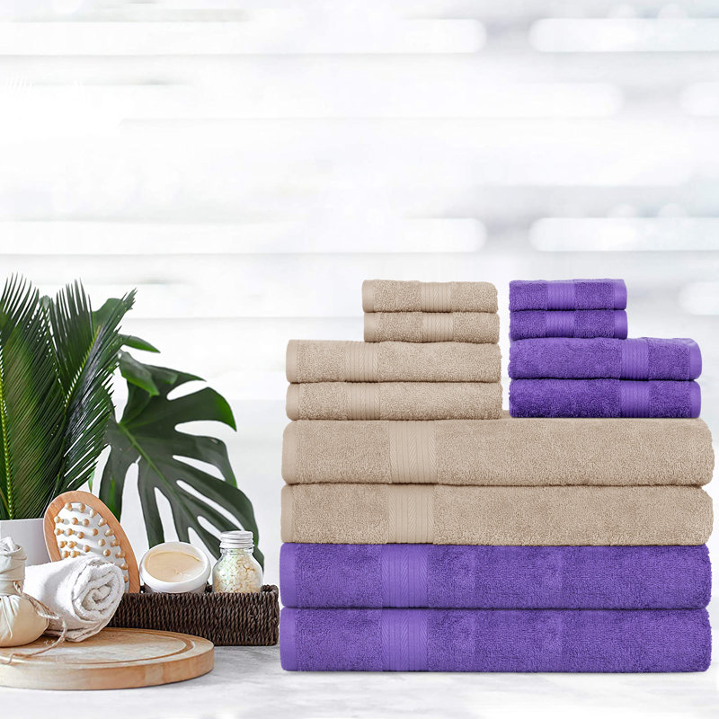 Ensemble de 12 serviettes de bain 100% coton à séchage rapide, Beige / Mauve