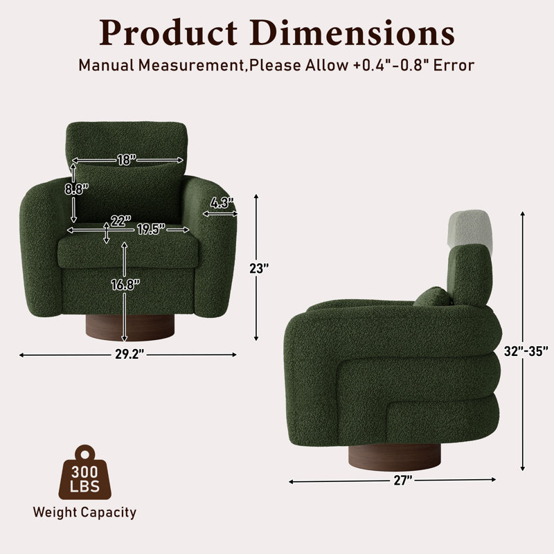 Fauteuil pivotant à 360° avec appui-tête réglable sur quatre niveaux et base en bois., Vert