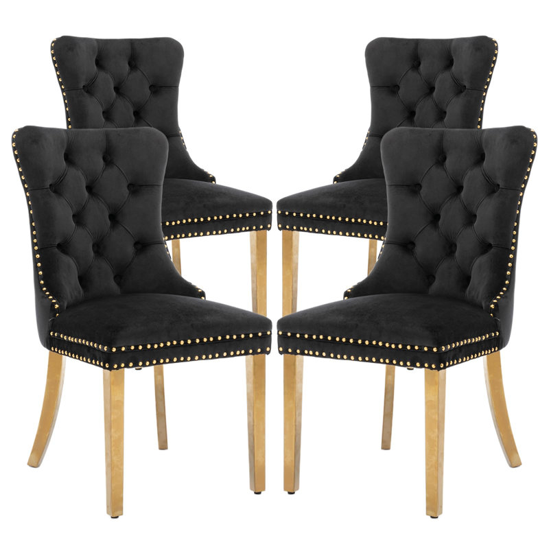 Chaises de salle à manger, chaise de salle à manger rembourrée haut de gamme avec anneau clouté, Doré, Velours vert, 4