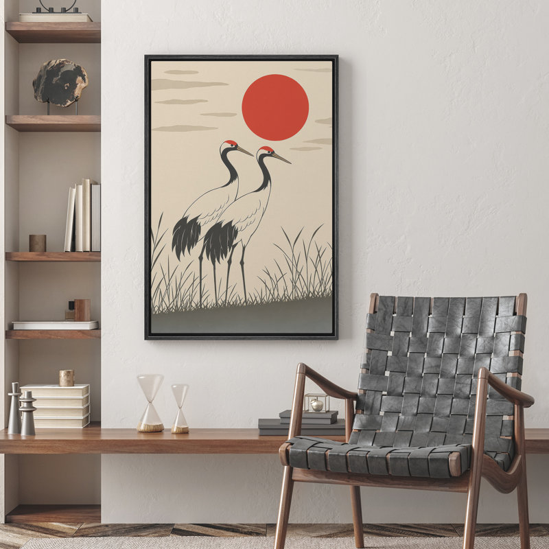 «Red Sun with Two Cranes Minimalist Nature Scene», reproduction d'art sur toile encadrée dans la chambre principale, Noir