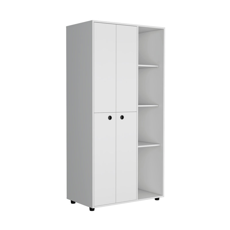 Armoire-penderie Misuri avec porte double, tiroir, barres de suspension et tablettes, Blanc