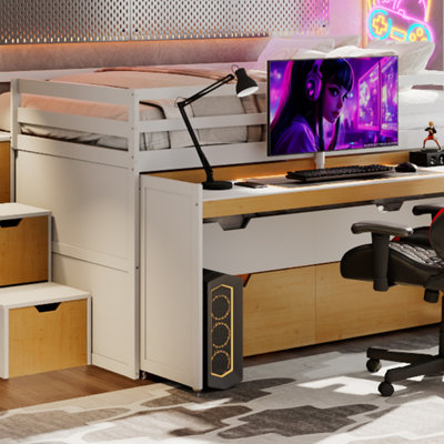 Full XL Loft Bed with Pull-Out Desk and Twin Trundle, Multi-Functional Bunk Bed with 2 Storage Drawers and Storage Steps, Space-Saving Gaming & Workstation Bedframe