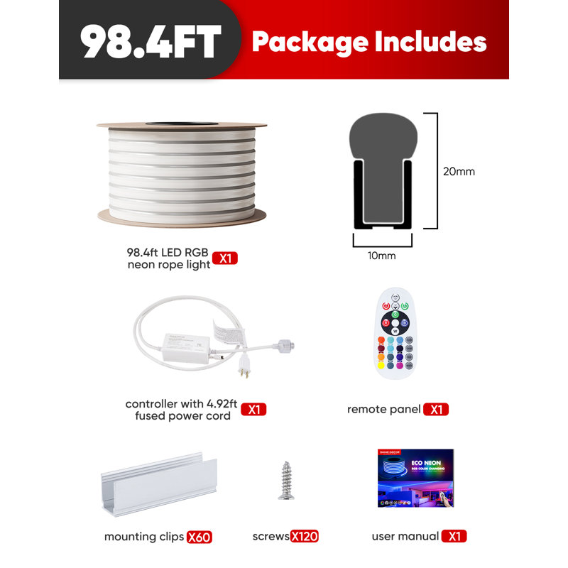 Shine Decor 120V Waterproof LED RGB Neon Rope Lights with Remote, 1176" L