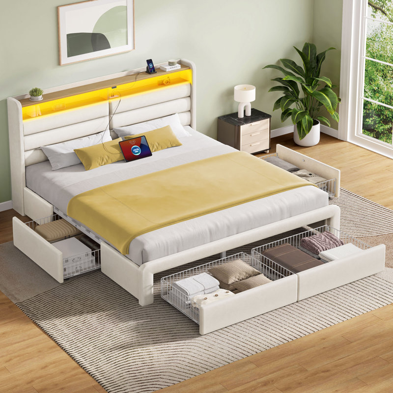 Upholstered Bed Frame with Storage Drawers & LED Lights