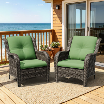Outdoor Wicker Patio Chairs Set of 2, High-Back Deep Seating with Thickened Olefin Cushions, Wide Curved Armrests, Hand-Woven PE Rattan for Porch, Deck – Green