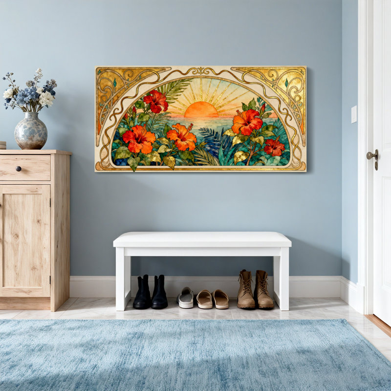 Cadre artistique tendance avec fleurs tropicales, H 24 po x l 48 po