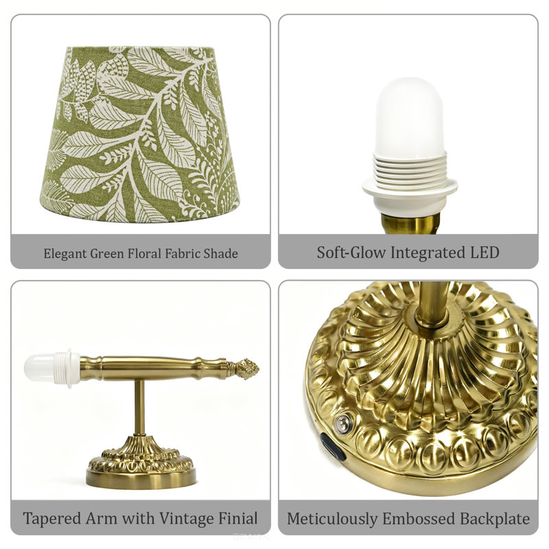 Wireless Battery Operated Dimmable Wall Sconces with Eelegant Green Floral Fabric Shade and Remote (Set of 2)