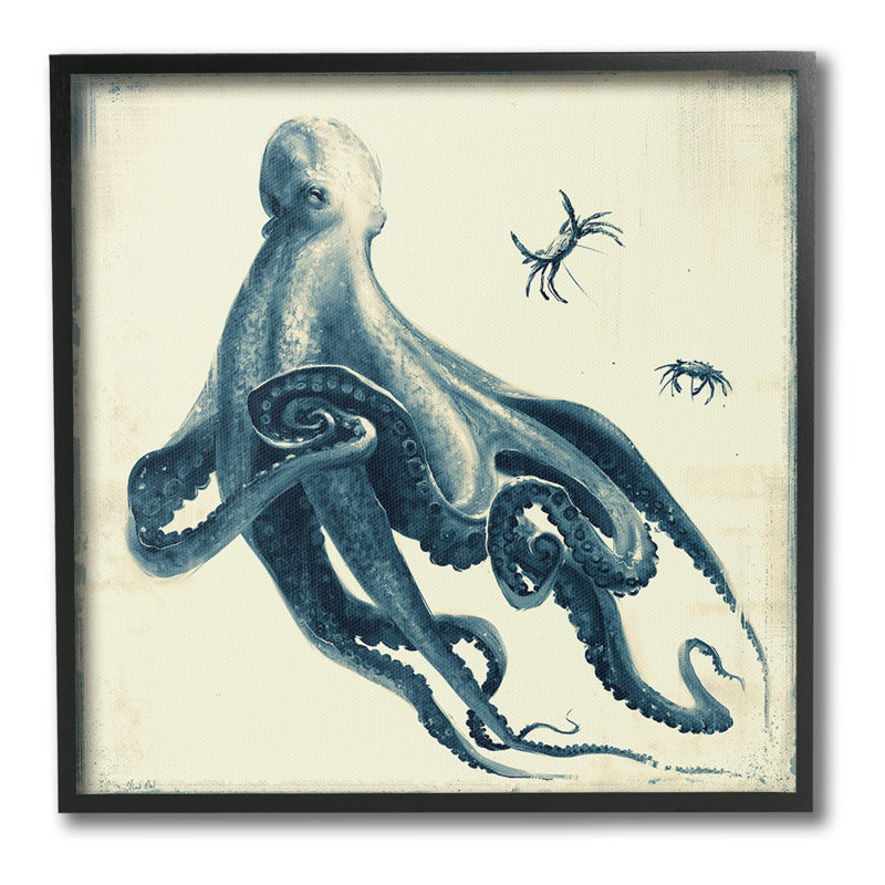 Pieuvre et créatures de la mer, estampe numérique encadrée de vil Mel, Giclée encadrée noir minuit, H 17 po x l 17 po