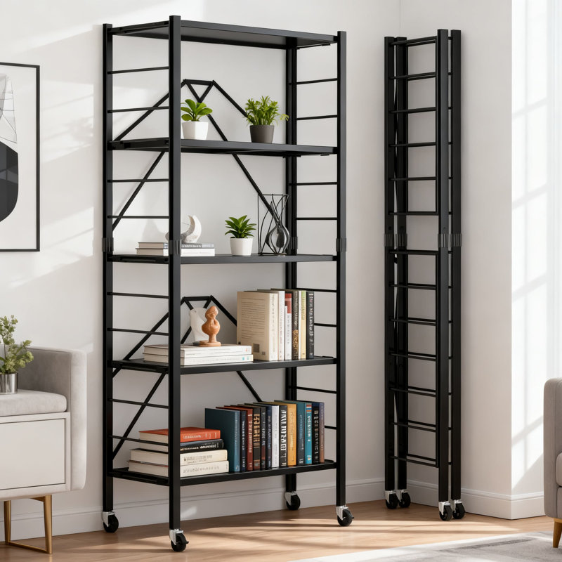 Étagère de rangement pliable à 5 niveaux avec roulettes, étagère réglable en métal extensible, support de rangement pliable 3-en-1 pour le garage, le garde-manger, la cuisine et l'organisation à la maison