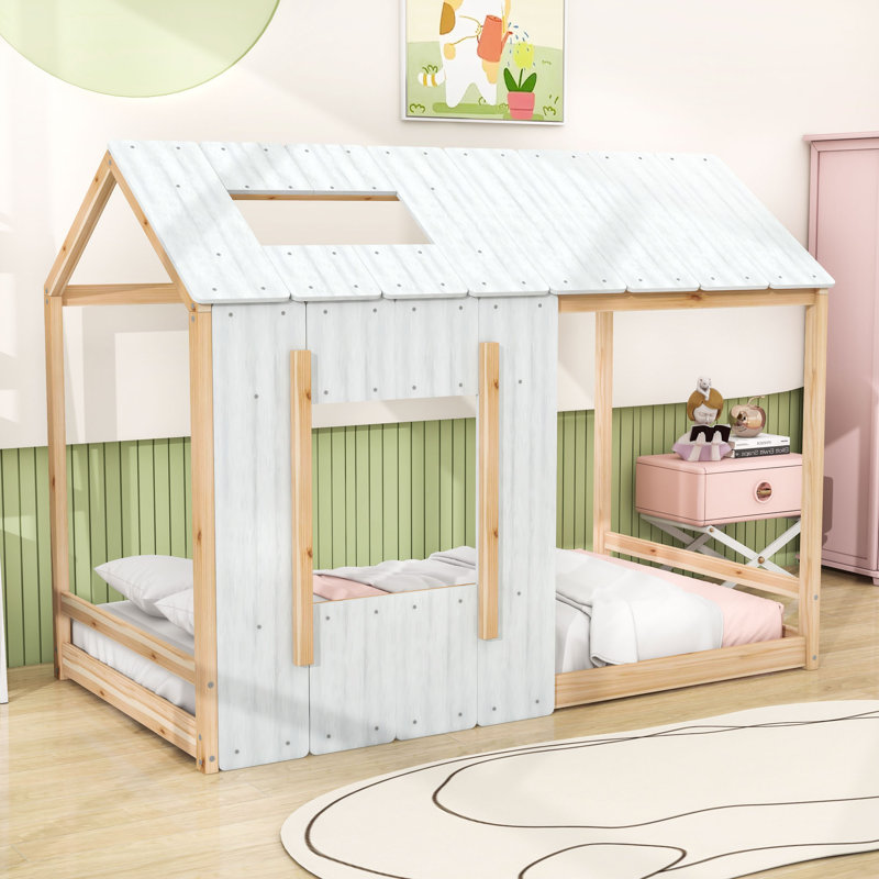 Lit plateforme simple en forme de maison avec toit et fenêtre, Blanc/naturel