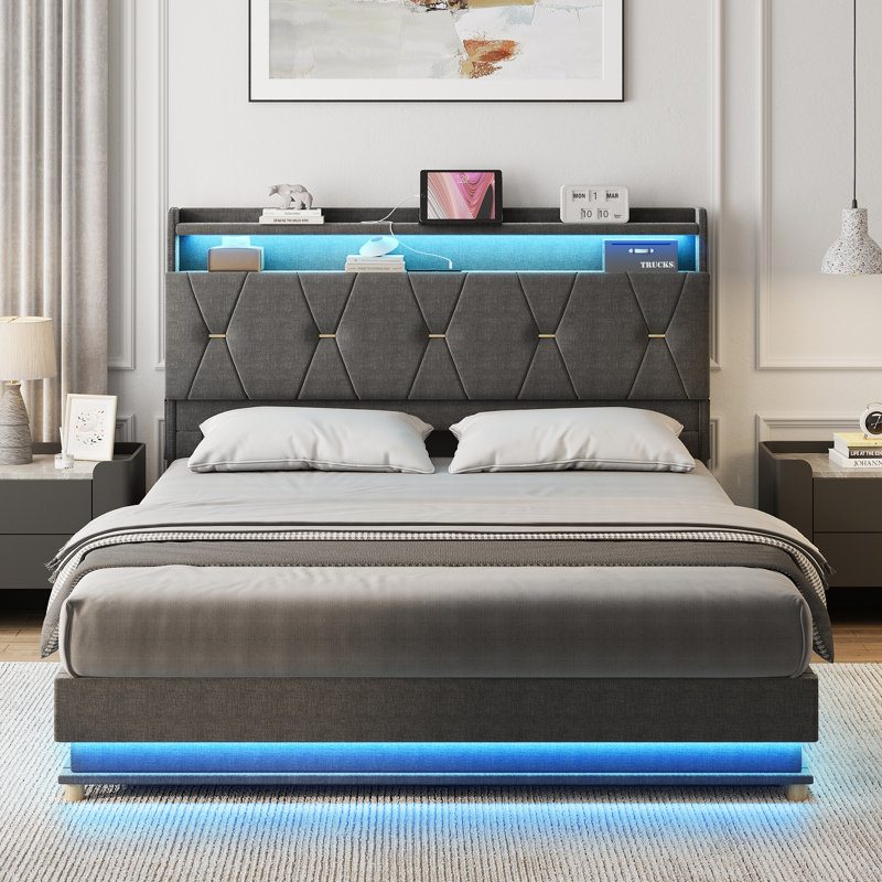 Lift Up Storage Bed Frame With Charging Station, Gray, Queen