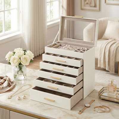 Jewellery Box Organizer, 6-Layer Jewellery Storage With 5 Drawers, Shiny Metal Hardware, Glass Lid, Modern, 6.4 X 9.9 X 11.4 Inches
