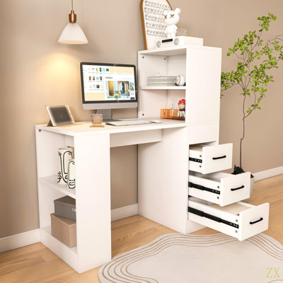 Computer Desk With 4-In-1 Socket, The Desk With 3 Slide Drawers And 4 Storage Levels, The Wooden Desk Is Suitable For A Variety Of Places
