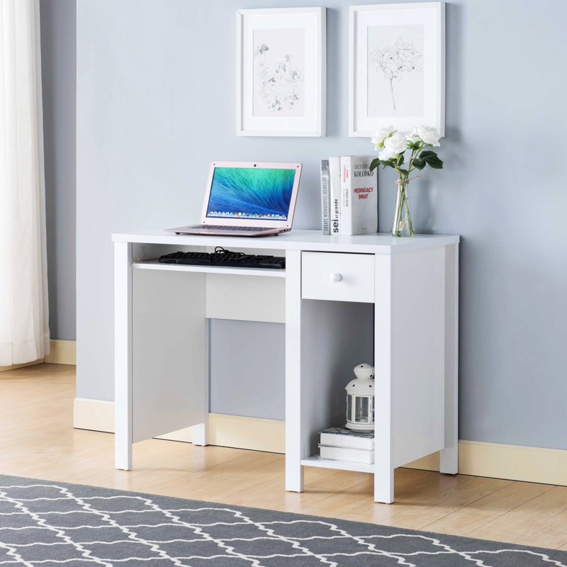 Bureau, bureau d'écriture avec un tiroir et une tablette ouverte, Blanc