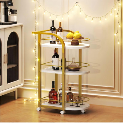 3-Tier Bar Cart, Home Bar Serving Cart with Fence and Wheels, for Dining Room, Living Room, Garden, Party(White+Gold)