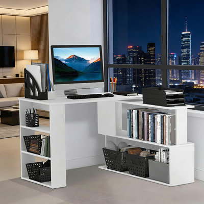 Poste d'écriture, bureau d'ordinateur en coin en L, bureau à domicile rotatif à 360 °