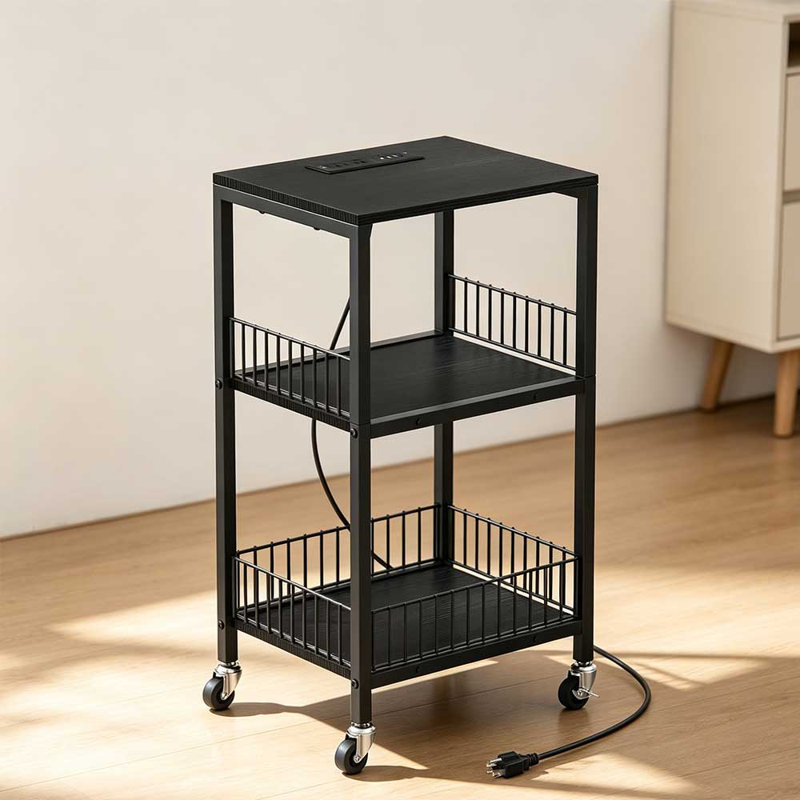 Chariot utilitaire mobile avec port de charge USB, organisateur de rangement en métal à 3 niveaux noir
