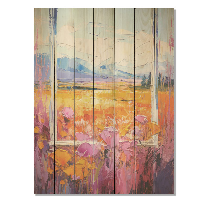 Rose et jaune avec fenêtres à motif floral brise II - prairie sur bois, H 40 po x l 30 po